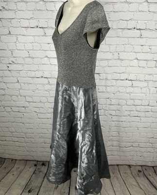 JS Collections Grey Metallic Fit & Flare Short Sleeve Prom Evening Dress Size 12