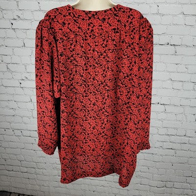 VTG Tandy Chez California Black Red Floral Lightweight Tunic Blouse Top USA 22W