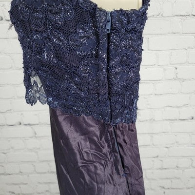 VTG Steppin Out Purple Satin Blue Lace Overlay Dress USA Made Size 3/4