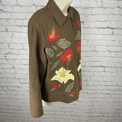 Hearts Of Palm Brown Floral Embroidered Buttoned Lightweight Jacket Size 8