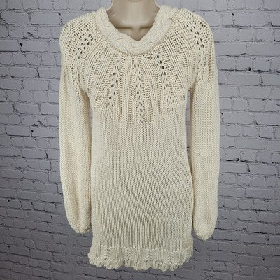 VTG Old Navy Ivory Wool Blend Chunky Open Knit Long Sleeve Sweater Short Dress S