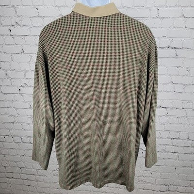 Sun River Green & Tan Houndstooth Cotton Long Sleeve Polo Shirt Size Large L