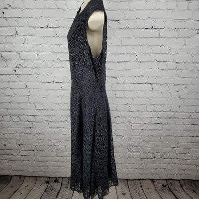 Tahari Black Sheer Glitter Overlay Sleeveless Fit & Flare Midi Dress Size 12