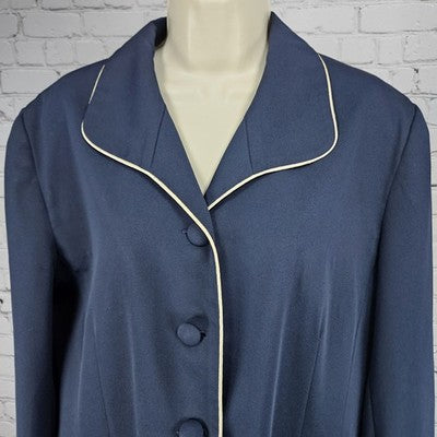 VTG David Bijoux Navy Ivory Trim Buttoned Vented Blazer Suit Jacket USA 16