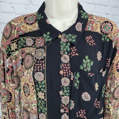 VTG Platinum Dorothy Schoelen Black Floral Long Sleeve Buttoned Blouse Top US PL