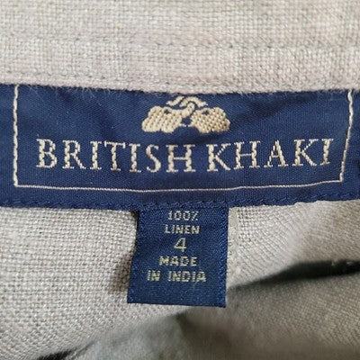VTG British Khaki Beige 100% Linen Unlined Back Slit Pockets A Line Skirt Size 4