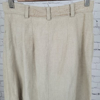 VTG British Khaki Beige 100% Linen Unlined Back Slit Pockets A Line Skirt Size 4