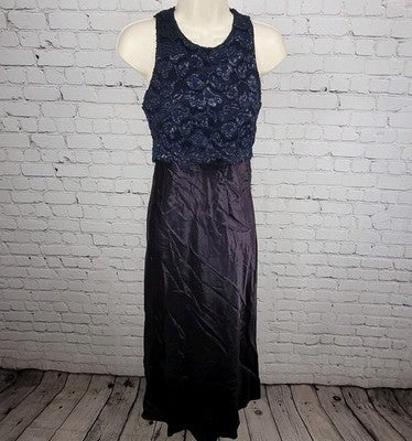 VTG Steppin Out Purple Satin Blue Lace Overlay Dress USA Made Size 3/4