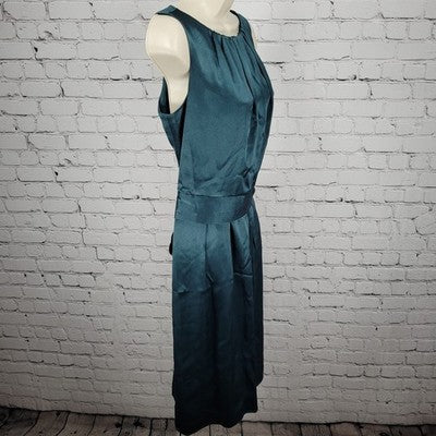 VTG Talbots Green Satin Sleeveless Pleated Tie Back Lined A Line Midi Dress 6