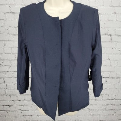 Ann Taylor Navy Stretch Buttoned 3/4 Sleeve Collarless Suit Jacket Blazer 8