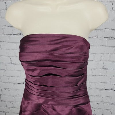 Bill Levkoff Purple Satin Strapless Pleated Back Zip Buttoned Lined Dress 6