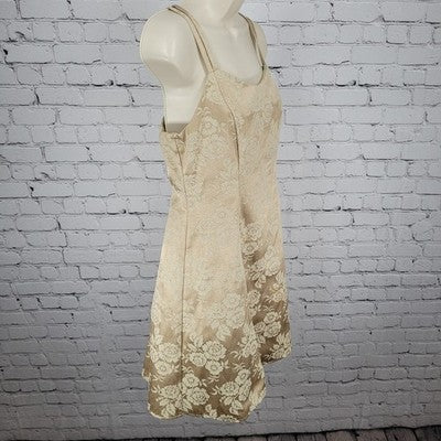 VTG Nite Kraze Gold Metallic Satin Floral Strappy Fit & Flare Short Dress 7/8