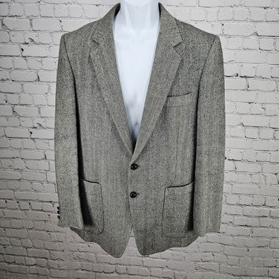 VTG Silvermans Black White Linen Wool Blend Herringbone Blazer Sport Coat 42R