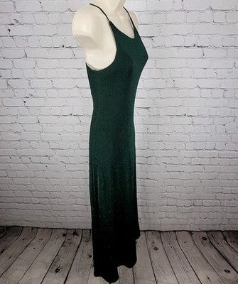 VTG Susan Roselli Vijack Dark Green Glitter Strappy Maxi Dress USA Made Size 4