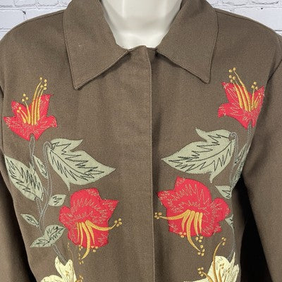 Hearts Of Palm Brown Floral Embroidered Buttoned Lightweight Jacket Size 8