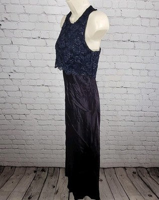 VTG Steppin Out Purple Satin Blue Lace Overlay Dress USA Made Size 3/4