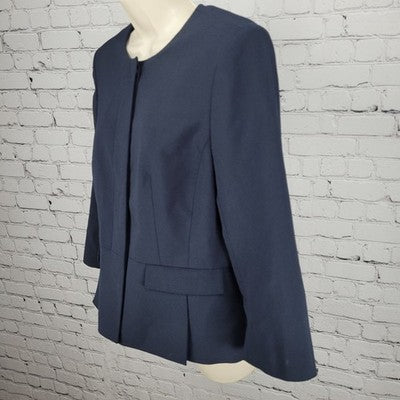 Ann Taylor Navy Stretch Buttoned 3/4 Sleeve Collarless Suit Jacket Blazer 8