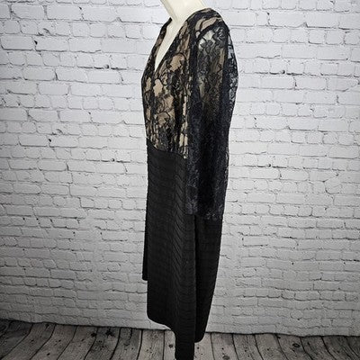 Adrianna Papell Black Lace Overlay Sheer 3/4 Sleeve V Neck Tiered Midi Dress 24W