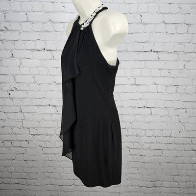 Cache Black Beaded Pearl Neckline Halter Sheer Drape Stretch Lined Short Dress 2