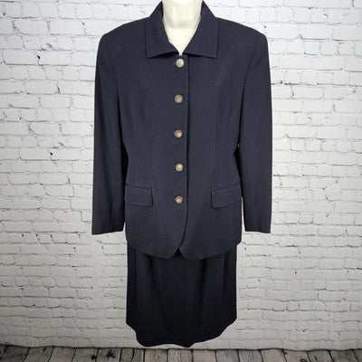 VTG Jones New York Navy 100% Wool Full Skirt Jacket Suit 2 Piece Set USA 8/10
