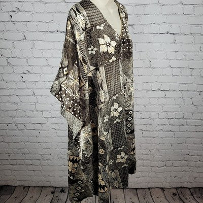 Sante Classics Brown Floral Satin Gold Trim Neck Pakistan Made Kaftan One Size