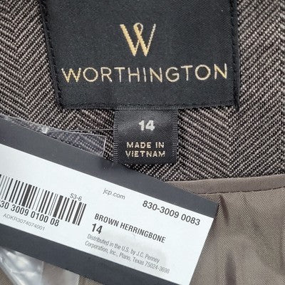 NWT Worthington Brown Herringbone Buttoned Stretch Notch Suit Jacket Size 14