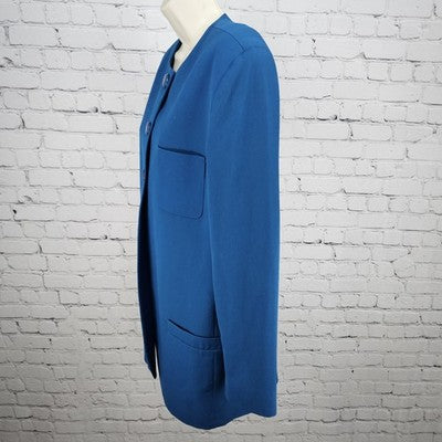 VTG Jones New York Suit Blue 100% Pure Wool 3 Button Collarless Jacket USA 12