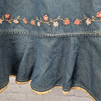 Sun River Blue Chambray Embroidered Floral Lace Trim Unlined Maxi Skirt Medium M