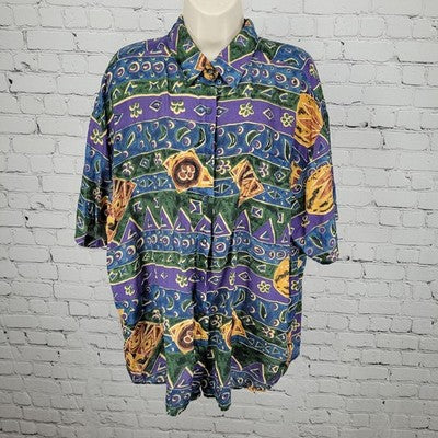 VTG Royal Wear Multicolor 100% Silk Button Up Short Sleeve Shirt Top Size XL
