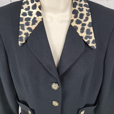VTG Jones New York Black Worsted Wool Leopard Trim Suit Jacket USA Petite 6P