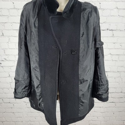 Larry Levine Black Wool & Cashmere Rex Rabbit Fur Collar Pea Coat Size Small S