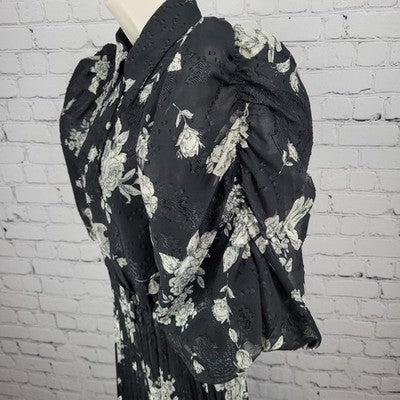 Mila Mae Black Cream Floral Puff Sleeve Collared Pleated Buttoned Midi Dress XS