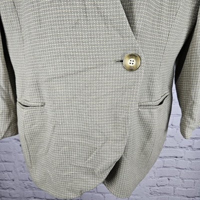 VTG Jones New York Green Beige 1 Button Collarless Padded Suit Jacket USA 16