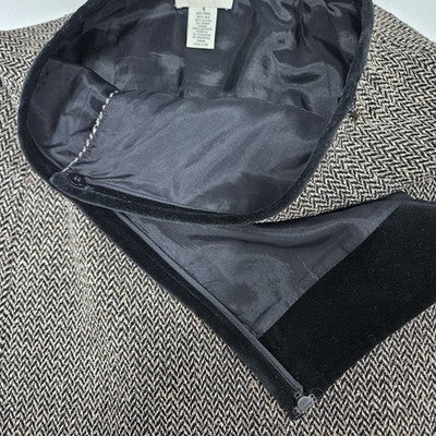VTG Ann Taylor Black Tan Wool Silk Herringbone Velvet Trim Short Wrap Skirt 8