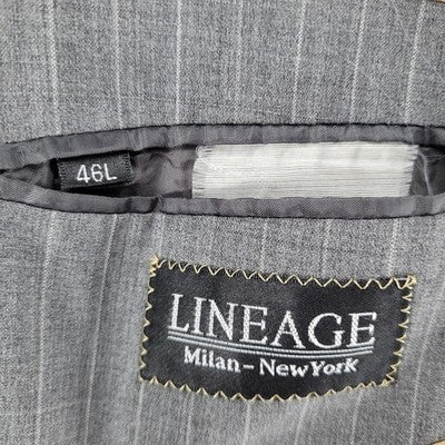 Lineage Grey Super Fine Wool Pinstriped Full Suit Set Blazer Size 46L Pants 40L