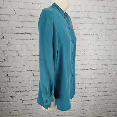 Jacqueline Ferrar Blue 100% Silk Button Up Long Sleeve Shirt Blouse Top XS