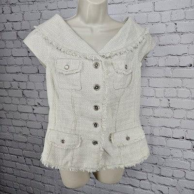 White House Black Market Beige Tweed Fringe Shawl Collar Cap Sleeveless Top 12