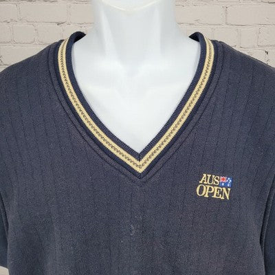 VTG Australian Open Navy Embroidered Logo V Neck Sweatshirt Vest Small S