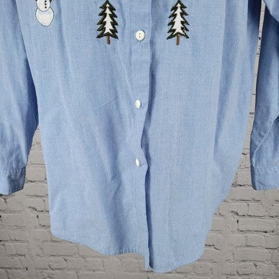 VTG Falls Creek Blue Snowman Embroidered Button Up Long Sleeve Shirt Top Medium