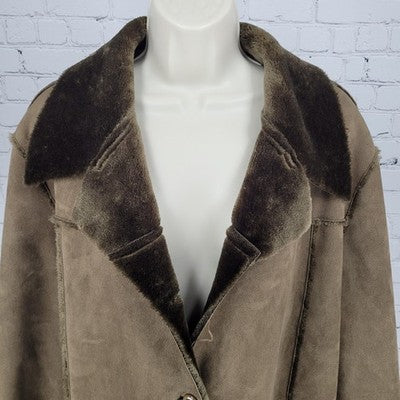 Blanc Noir Brown Suede Like Faux Fur Buttoned Collared Cuffed Long Coat Size XL