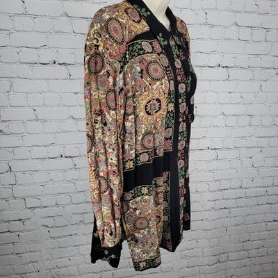 VTG Platinum Dorothy Schoelen Black Floral Long Sleeve Buttoned Blouse Top US PL