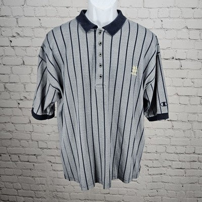 VTG Notre Dame Football Champion Navy Striped 100% Cotton Polo Shirt USA Large L