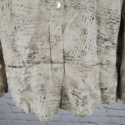 VTG Chico's Design Beige Silk Linen Postcard Long Sleeve Shirt Size 3 US 16