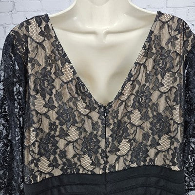 Adrianna Papell Black Lace Overlay Sheer 3/4 Sleeve V Neck Tiered Midi Dress 24W