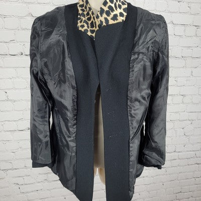VTG Jones New York Black Worsted Wool Leopard Trim Suit Jacket USA Petite 6P