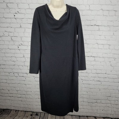 Lafayette 148 Black 100% Wool Long Sleeve Cowl Neck Side Slit Dress Size 12