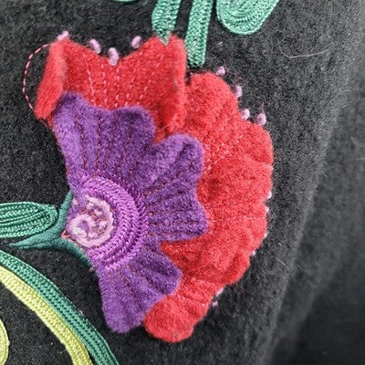 Carson Black 100% Wool Floral Applique Snap Closure Pockets Lined Coat Large L