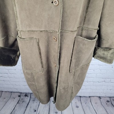 Blanc Noir Brown Suede Like Faux Fur Buttoned Collared Cuffed Long Coat Size XL