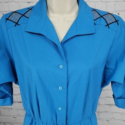 VTG Petites By Willi Blue Pleated Buttoned Short Sleeve A Line Dress USA 8