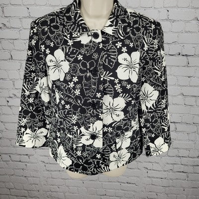 Croft & Barrow Black & White Floral Cotton Stretch Buttoned Lined Jacket Size 14